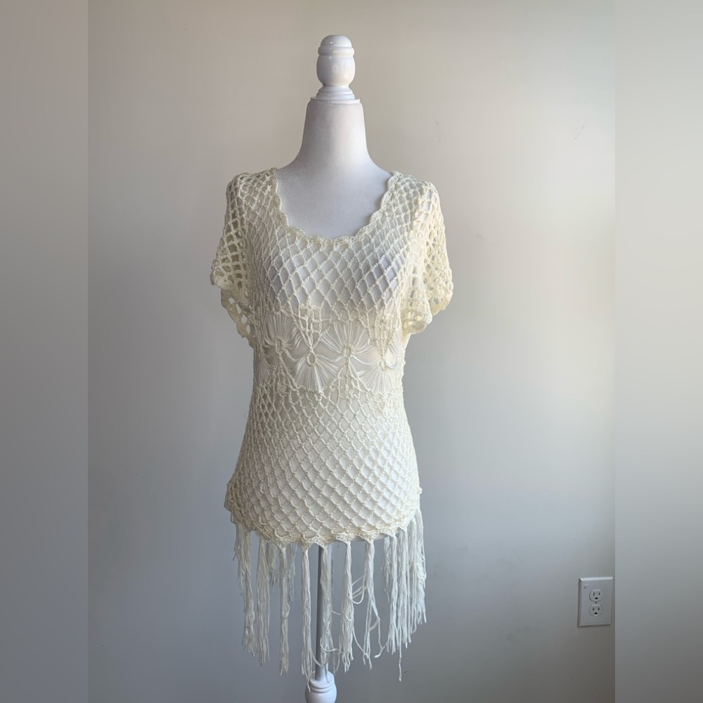 BN5 Kirra Ivory Cream Fringe Crochet Top Swim Cover up Festival Fairy Indie